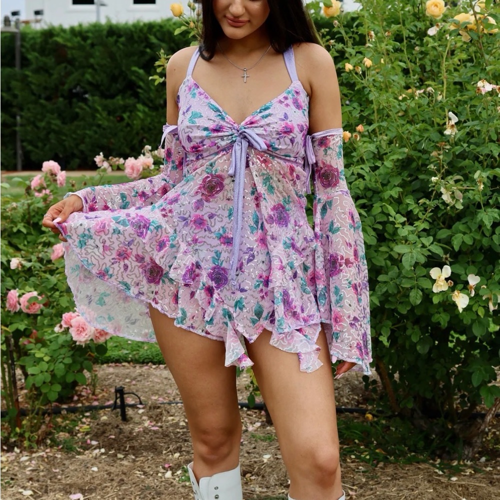 Floral Lavender Ruffle Mini Dress with Tie Front